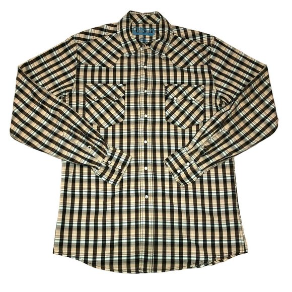 WESTERN PLAID PEARL SNAP SHIRT SIZE S MODERN FIT BROWN TAN COWBOY CINCH MENS - Picture 1 of 4